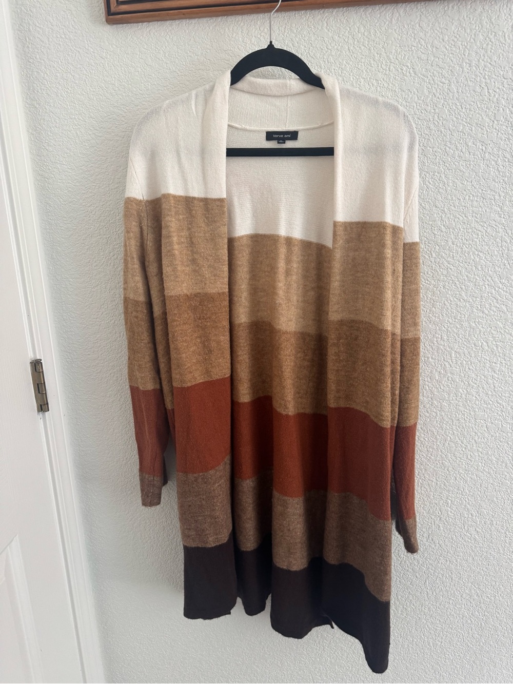 Verve Ami Striped Open-Front Cardigan in Cream, Tan & Brown